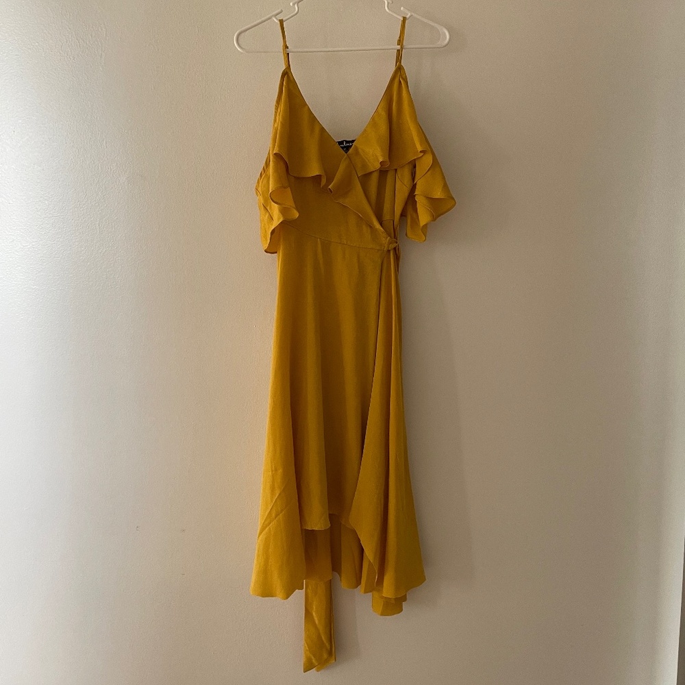 LULUS Layla Mustard Yellow Satin Off-the-Shoulder Wrap Dress Size medium